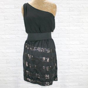 SHE SAID Dress One Shoulder Sequin Stripe Cocktail Party Black Small